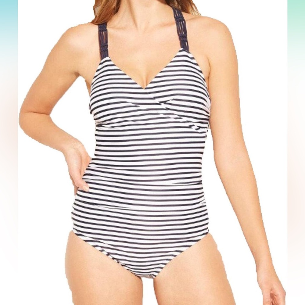 Kona Sol Shirred Macrame Strap One Piece Swimsuit Navy/White Stripe Medium